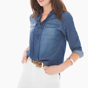 Chico's Lace-Up Denim Popover Blouse in Deep Delray Wash Size 0